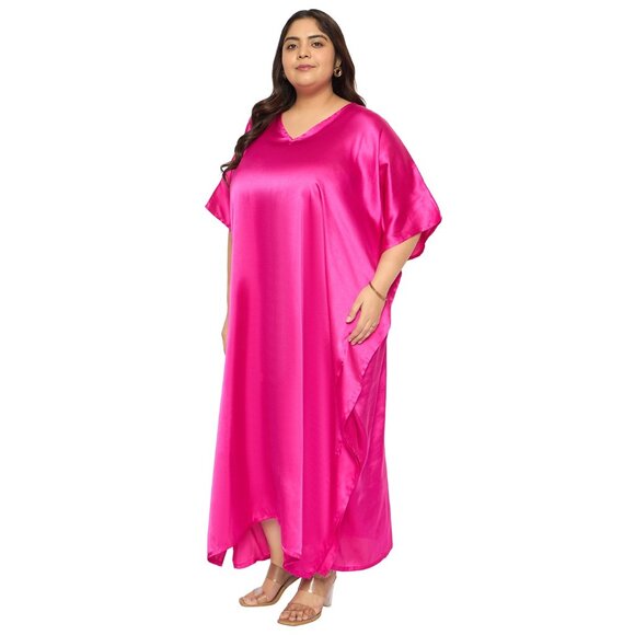 Gypsie Blu Satin Solid Pink Maxi Dress Evening Wear Nighty Caftan Dresses Gown - Picture 4 of 7